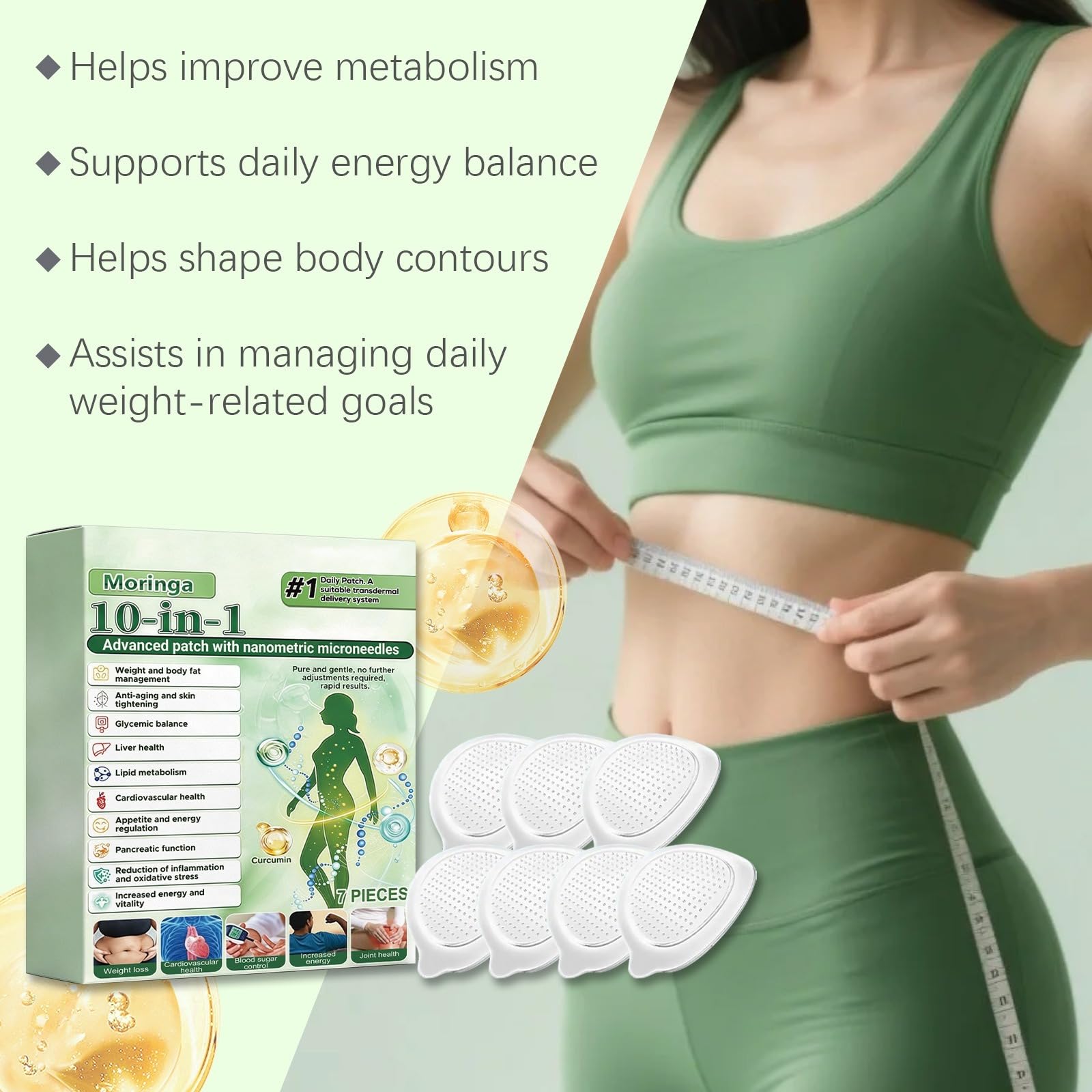 Moringa x Berberine Plaster 10 w 1, nano Microneedle odchudzająca, naturalna plaster odchudzający, płaski brzuch, łatwa w aplikacji, niewidoczna, dla mężczyzn i kobiet