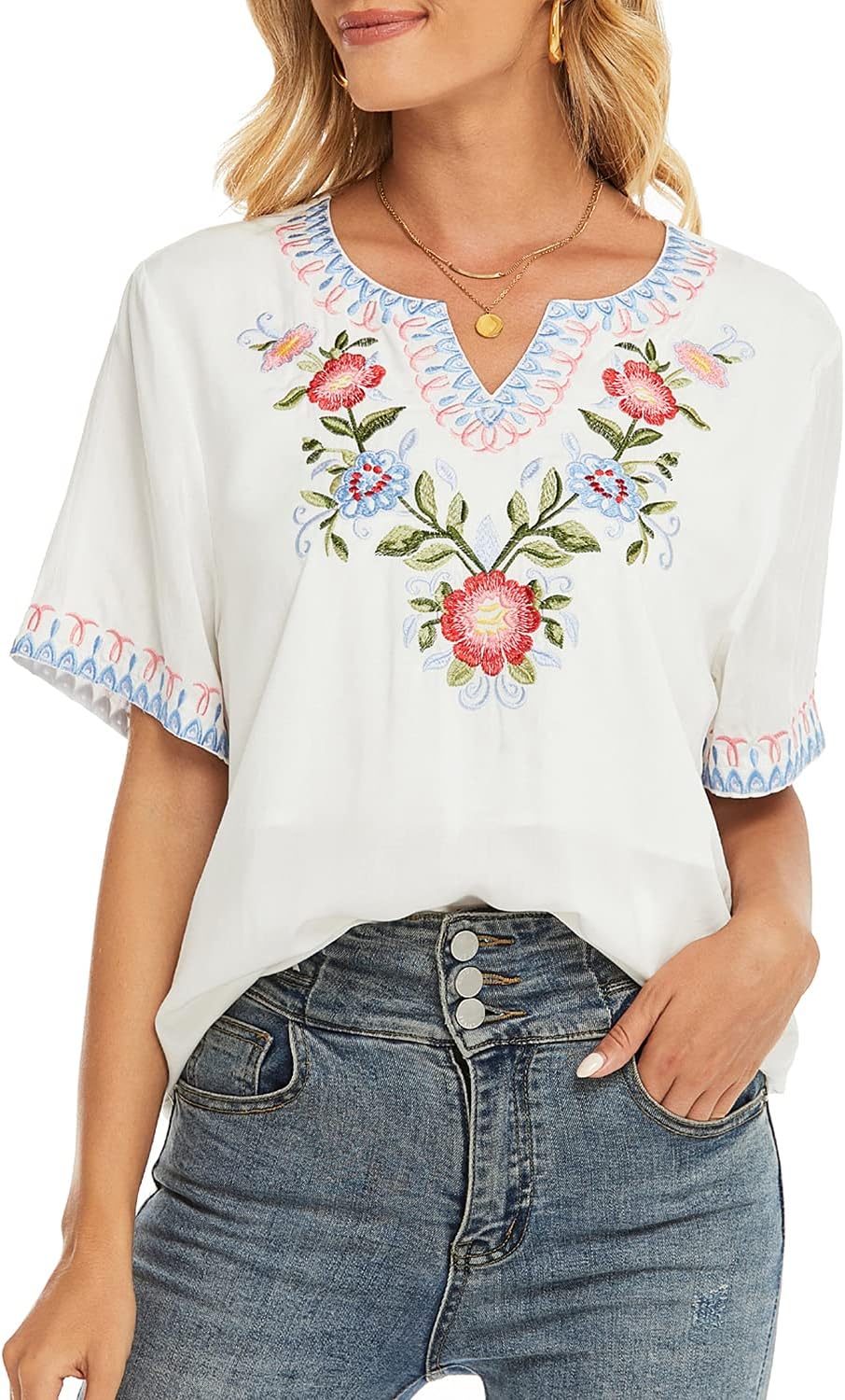 Grosy Women's Short Sleeve Bohemian Tops for Summer, Floral Embroidered Mexican Peasant Blouses, V Neck Boho Top for Women - Image 2