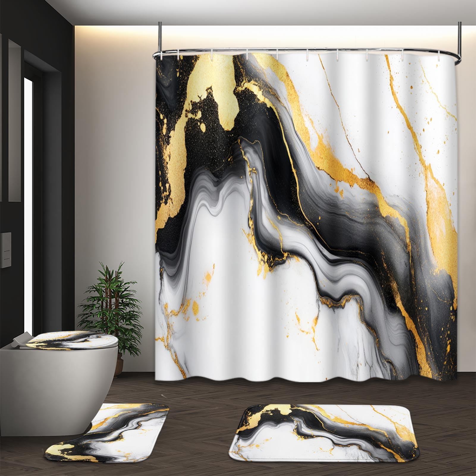 Tayney Black White Gold Marble Shower Curtain Set with Toilet Lid Cover and Non-Slip Rugs, Abstract Luxury Ink Texture 4 Pcs Shower Curtain with 12
