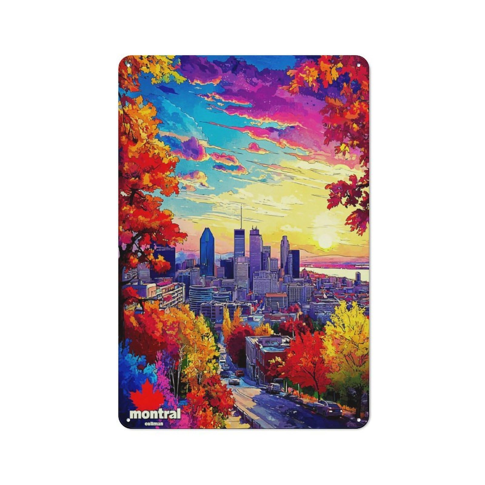 Junmoney Autumn Colors In Montreal Skyline -4 Retro Metal Sign 30X20cm For Living Room Or Hallway, For Updating Living Room And Hallway After Moving