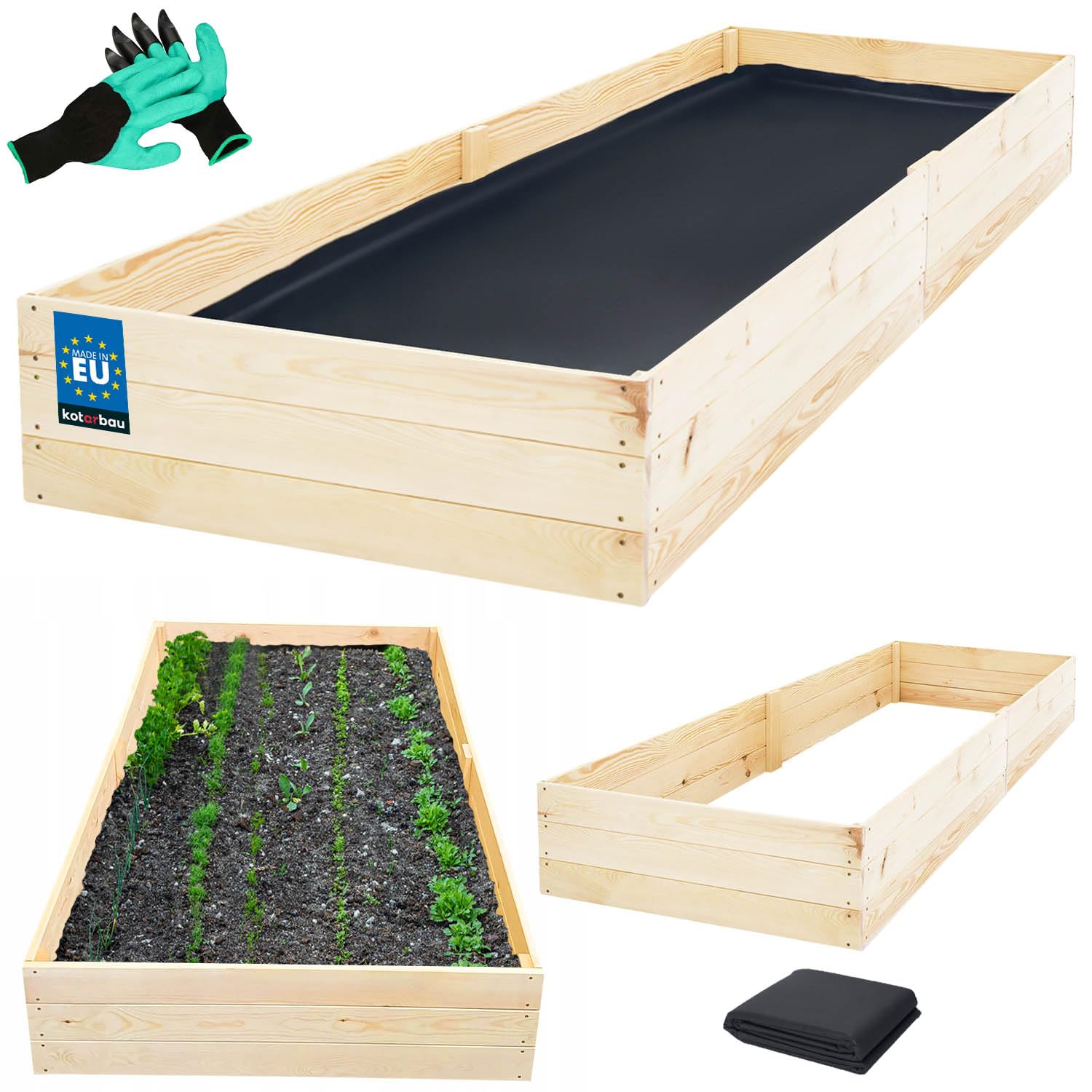KOTARBAU Fioriera profonda in legno, 200 x 100 x 27 cm, colore naturale, aiuola rialzata, fioriera rialzata per giardino, ortaggi, ortaggi e guanti con artigli
