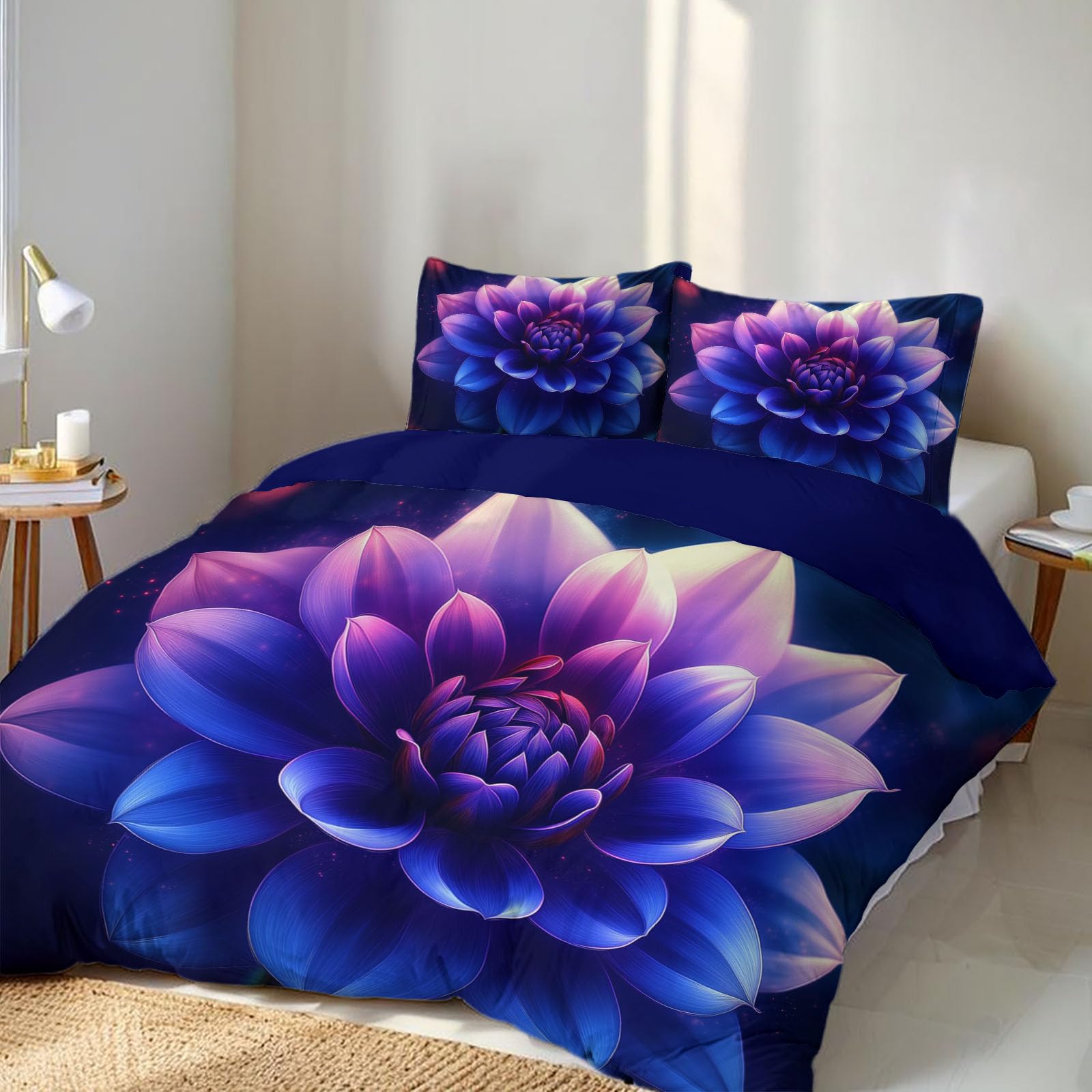 Juego de Funda Nórdica 150x220cm 3 Piezas para Cama, Azul Púrpura Dalia Microfibra de Poliéster Suave Transpirable Fantasía, Incluido 1 Funda Edredón y 2 Fundas de Almohada, Índigo