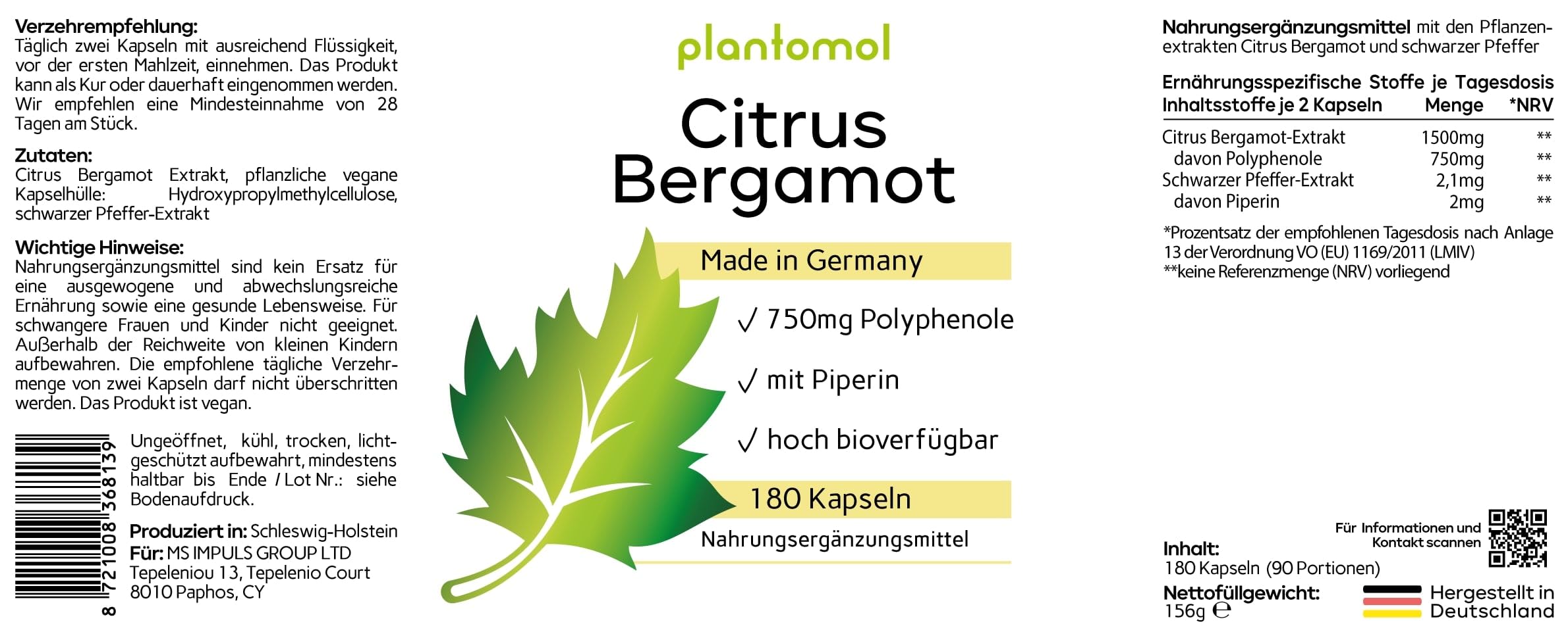 180 Citrus Bergamot Kapseln - 1500mg Extrakt pro Tag (2 Kaps.) mit 50% Polyphenole - Bergamotte Kapseln - 3 Monatsvorrat