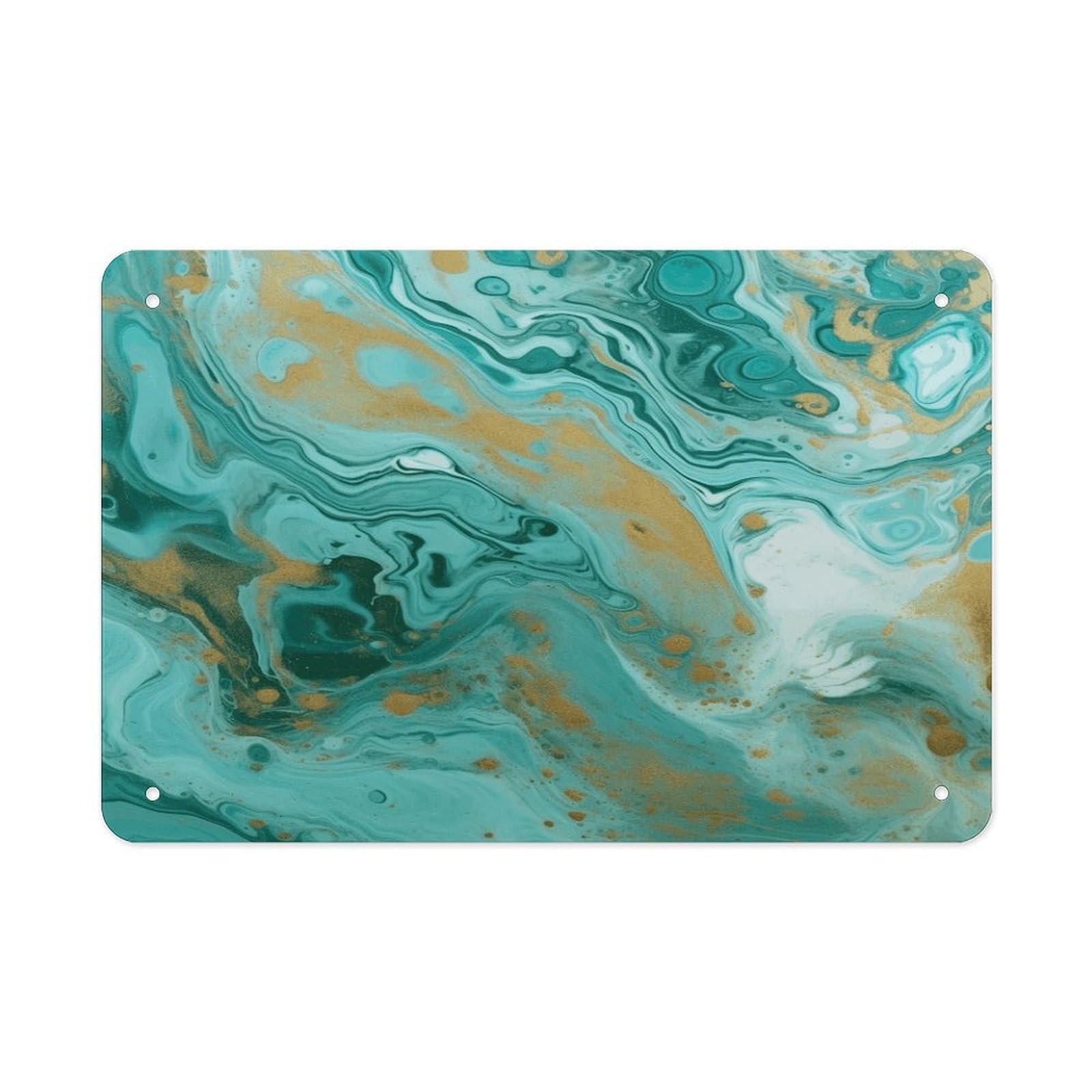 Teal And Gold Marble Metal Tin Sign 12"x8" Wall Art Prints Poster Decorative Picture Metal Signboard Decor Painting Folded Edge Iron Sheet Painting with Holes for Wall Decor