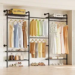 Suporte industrial W3 para roupas, suporte de parede, sistema de guarda-roupa com hastes expansíveis, prateleiras de armazenamento ajustáveis, sistema de armário de canto resistente, preto