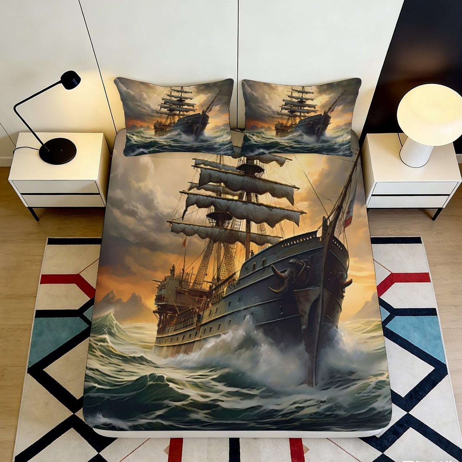 Decorative sailing ship fitted sheet, 3D Printed microfiber, wrinkle resistant, guest room bedding, bed cover for stylish home decor, easy to remove, apartment bedding 180x200x25cm