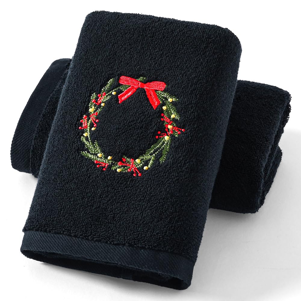 Essuie-mains de luxe 100% coton épais lot de 2 serviettes ultra douces avec couronne de Noël brodée