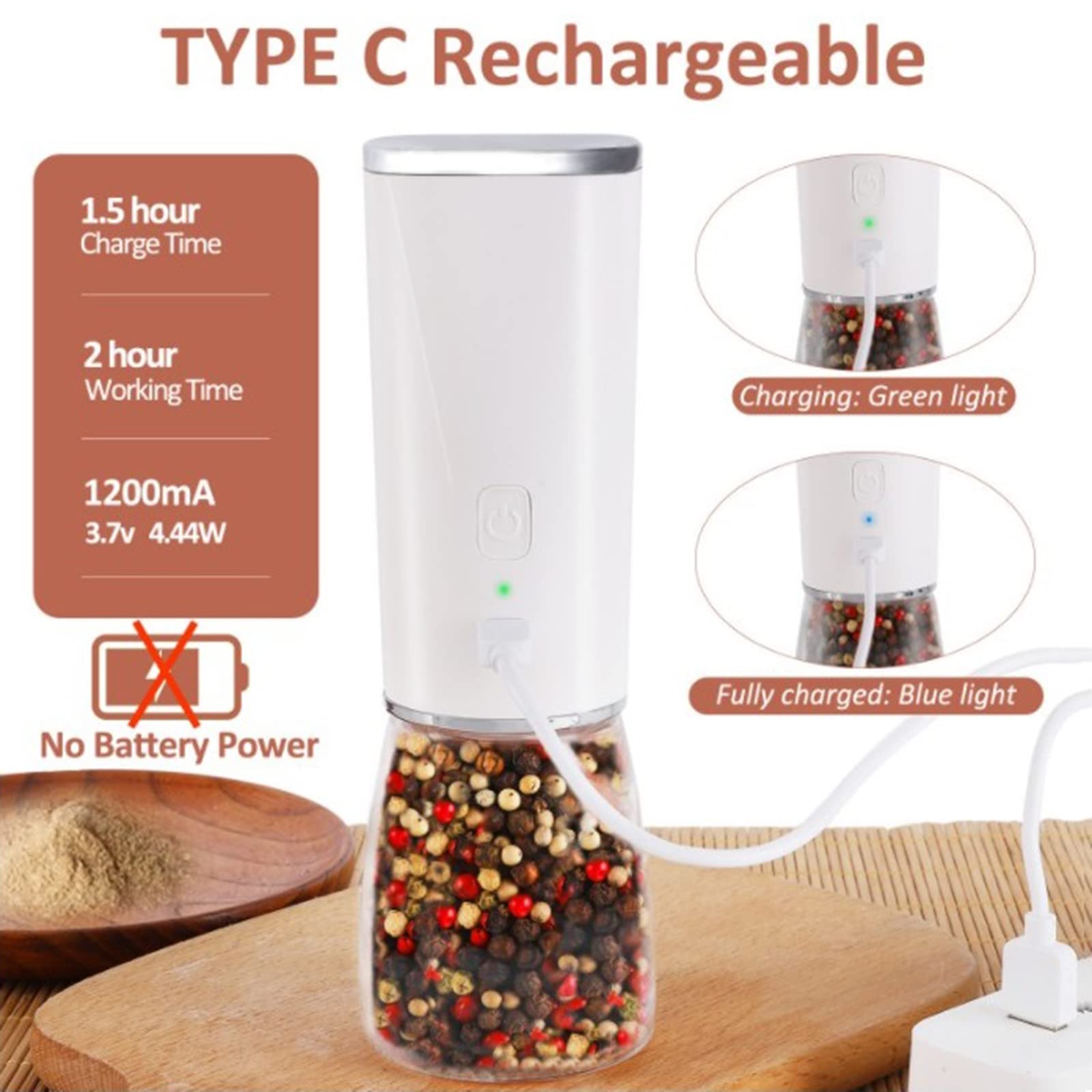 Elektryczny młynek do soli i pieprzu, młynek do soli grawitacyjnej USB i młynek do pieprzu, 170 ml wielokrotnego napełniania, regulowana chropowatość,2pcs