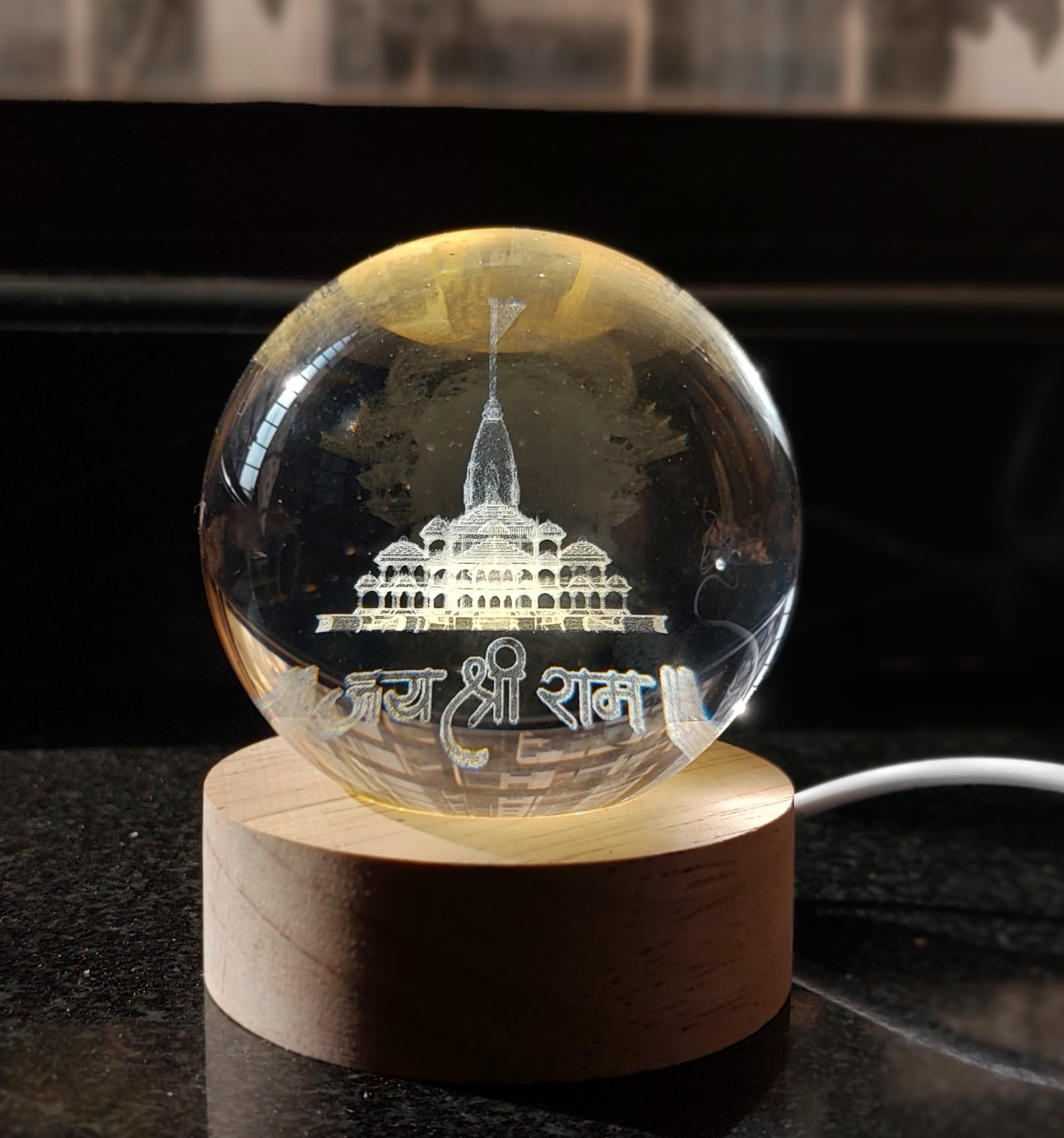 KharidoLive 3D Ram Mandir Crystal Ball USB Night Light, 6 CM Glass Ball Night Lamp with Woodern Base, Decorations Gifts for Men & Women Meditation or Relaxation