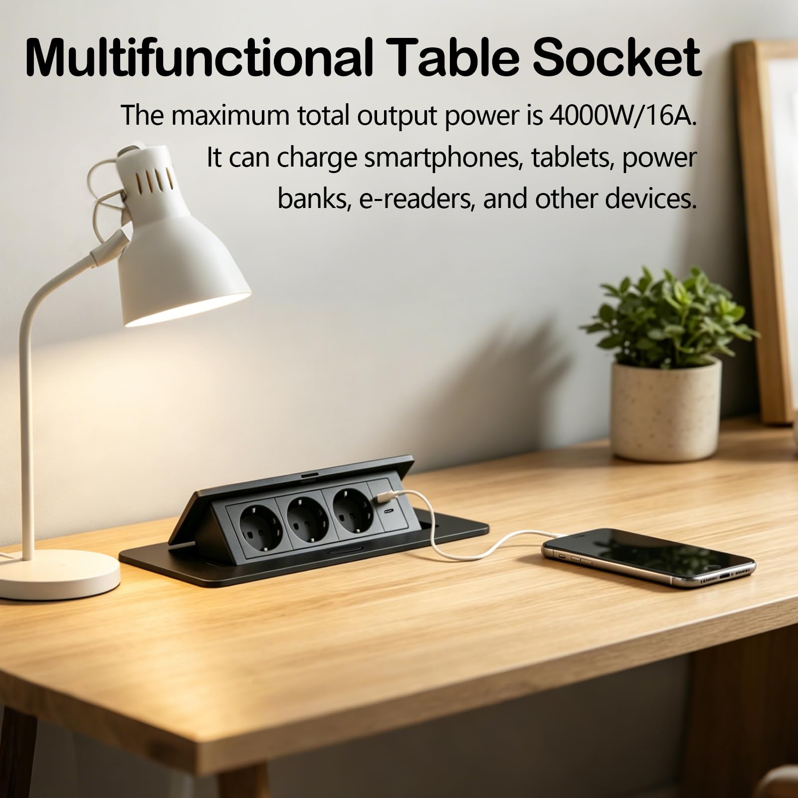 Aluminium Enchufe de Mesa Empotrable, Salida de Enchufe Retráctil con 3 Enchufes, Puertos USB y Tipo C, 4000W/16A Regleta Retráctil para Cocina, Escritorio y Oficina, Cable de 1,8M
