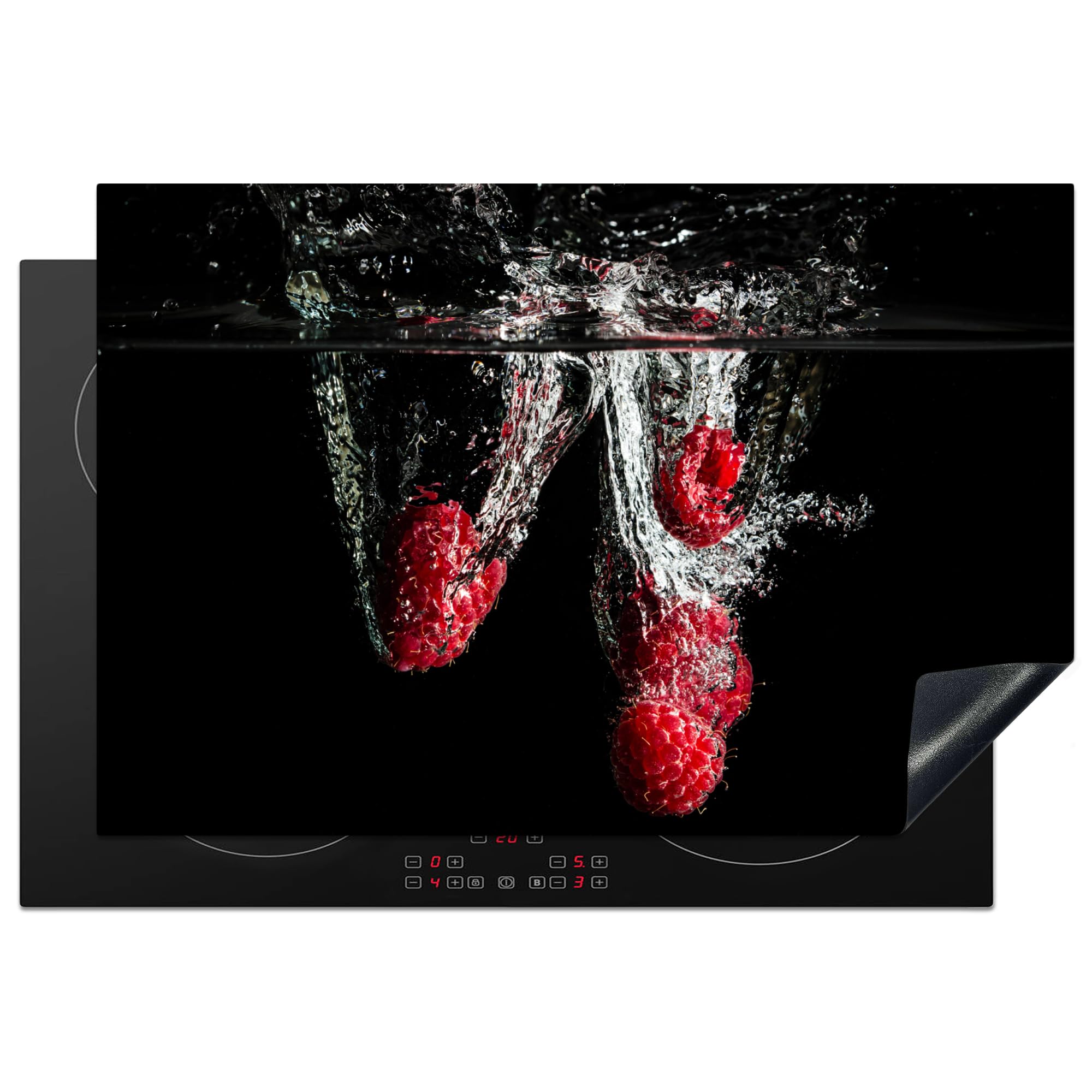 KitchenYeah© Induction Hob Protector Mat 20.1"x30.3" / 77x51 cm Cooker Top Protectors Cover Ceramic Covers Electric Hobs Vinyl Raspberries - Fruit - Still Life - Water - Black - Red