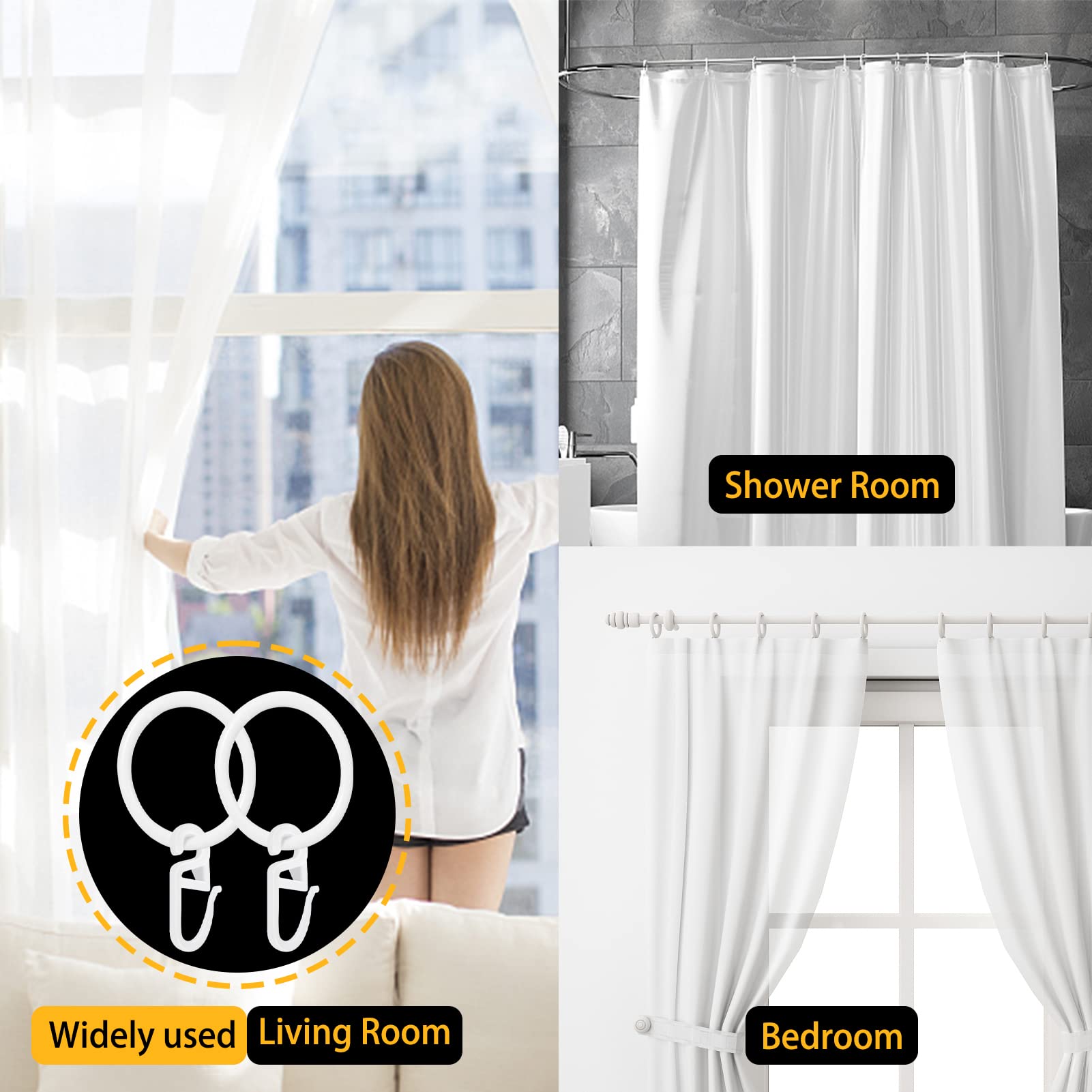 70pcs Anneaux De Rideau Noirs En Plastique Et Crochets De Rideau,30