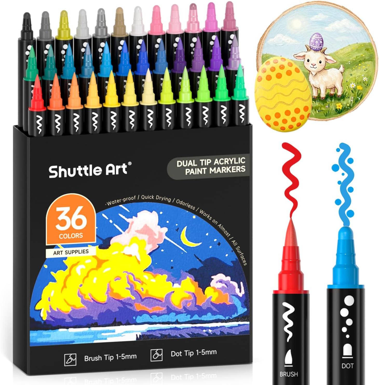 Shuttle Art Dual Tip Acrylic Paint Pens, 36 Colours Dot & Brush Paint Marker Pens, Paint Pens for Rock Painting, Ceramic, Wood, Fabric, Glass, Art Marker Pen Set for Kids Adults on Christmas Easter