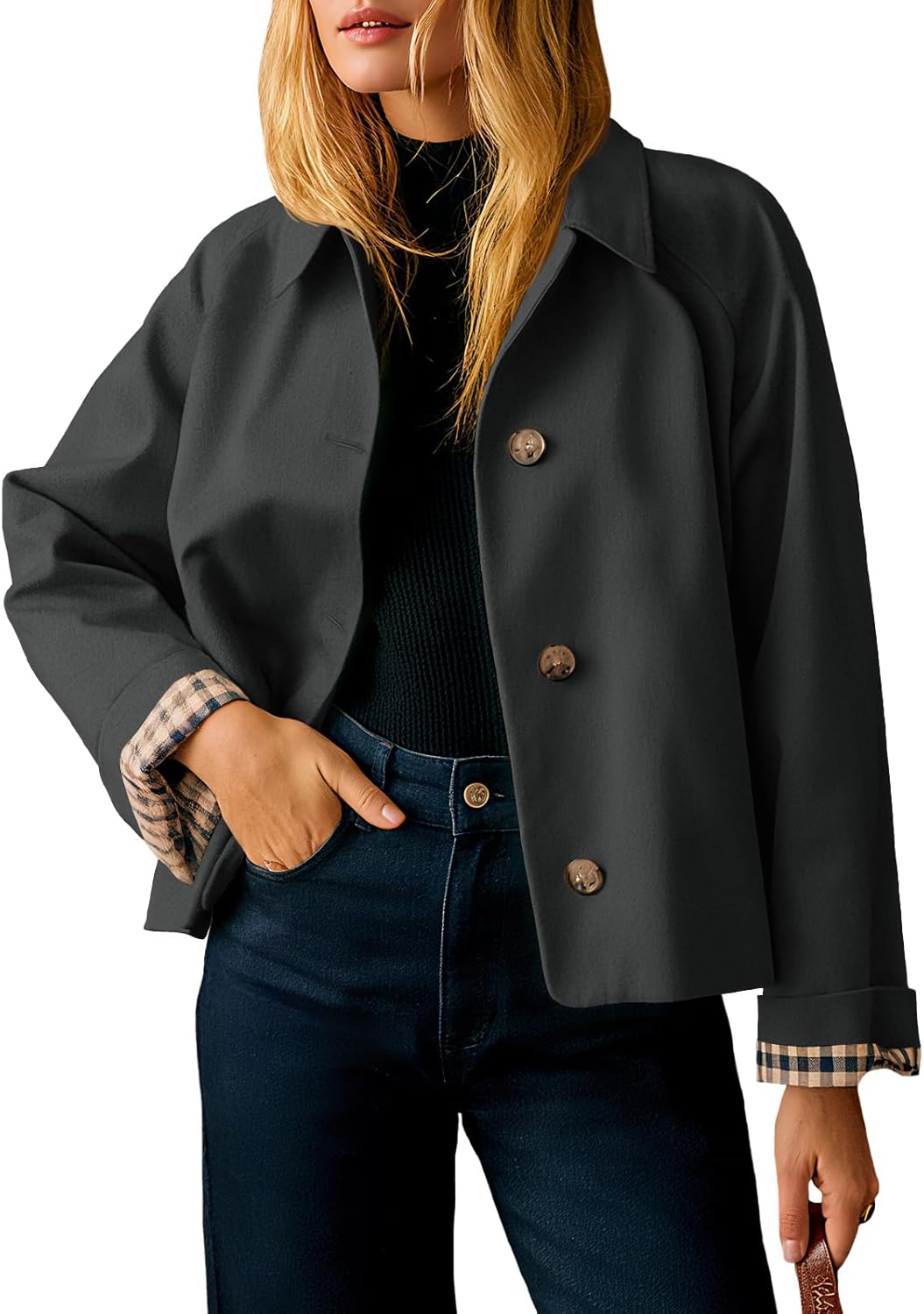 Tankaneo Womens Cropped Trench Coat Lightweight Single Breasted Jacket Fall Windbreaker Fashion Outerwear