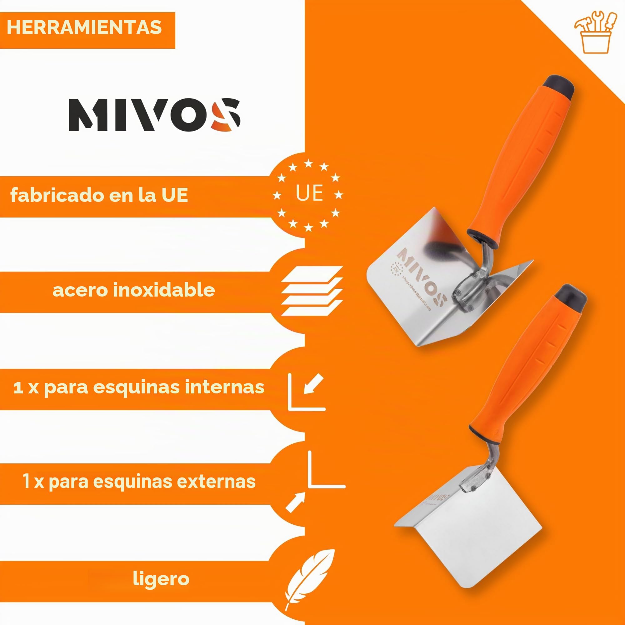 Mivos 2 Paletas de Esquina - 80 x 60 mm - Paleta de Borde Interior y Exterior de Acero Inoxidable con Mango Suave - Espátula