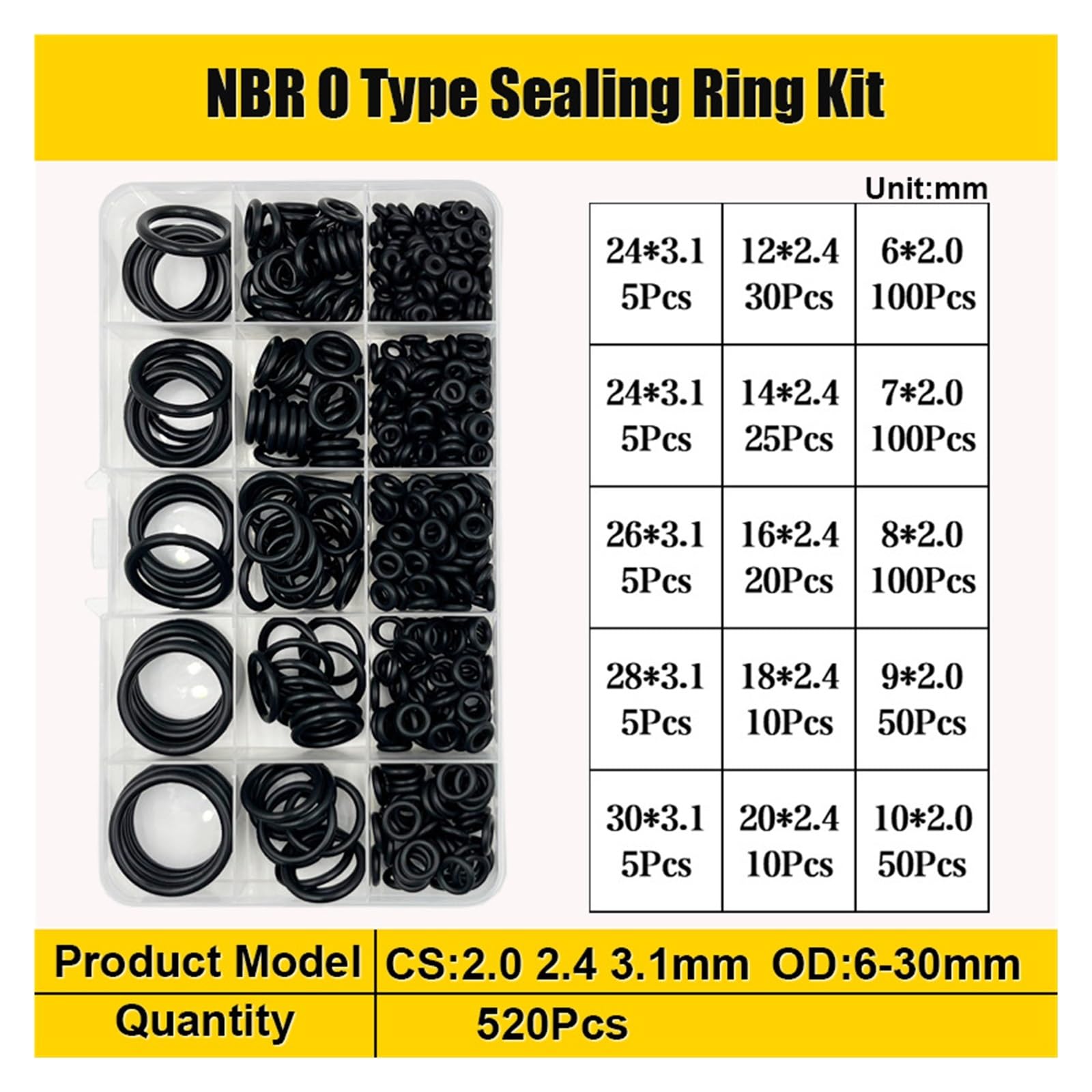 O-Ringe NBR VMQ FKM Fluorkautschuk-Dichtung O-Ring Schwarzer Gummi Roter Silikon-O-Ring Ölbeständigkeit Nitril-Dichtungsscheibe Dichtung(Black NBR 520PCS)