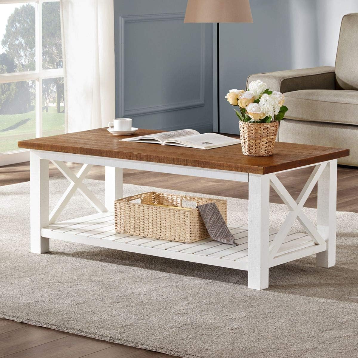Farmhouse Coffee Table, Wood Rustic Vintage Cocktail Table for Living Room with Shelf, 47 White and Brown