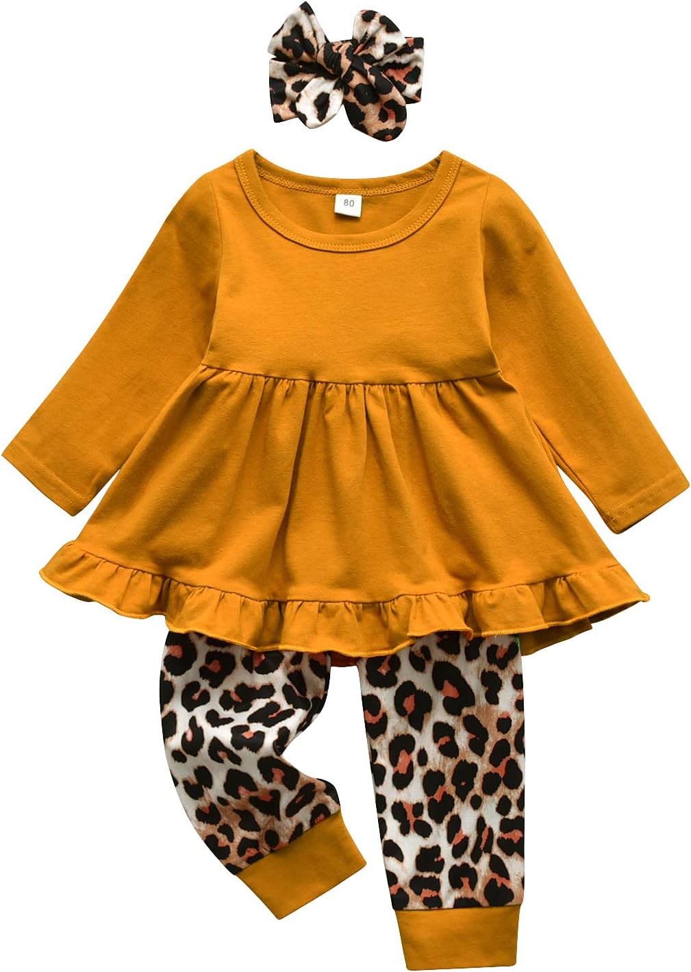AwxoderToddler Baby Girl Clothes Solid Color Long Sleeve Ruffle Tops Flower Pants Bow Headband Outfits Set
