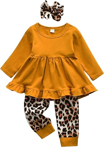 Toddler Baby Girl Clothes Solid Color Long Sleeve Ruffle Tops Pants Headband Outfits Set