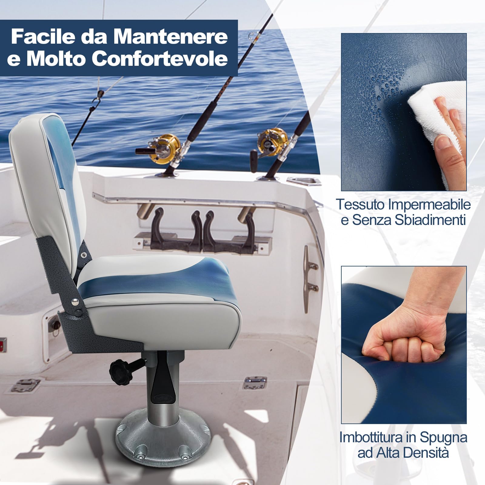 GYMAX Set di 2 Sedili da Barca Pieghevoli, Sedie da Barca Imbottite con Schienale Ergonomico Bassa, Resistenti alle Intemperie, Adatte per Yacht, Barca da Pesca (Blu)