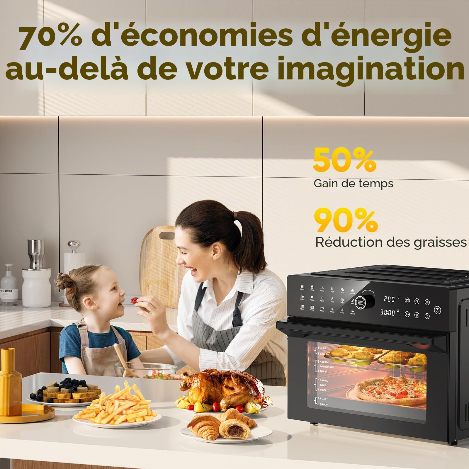 30L Friteuse Air Fryer XXL Mini Four Électrique Écran Tactile LED, Air Fryer Grande Capacité avec 20 Programmes et Deux Modes de Cuisson, 1800W Airfryer Chaud Oven Sans Huile, 8h Timer, 7 Annexes