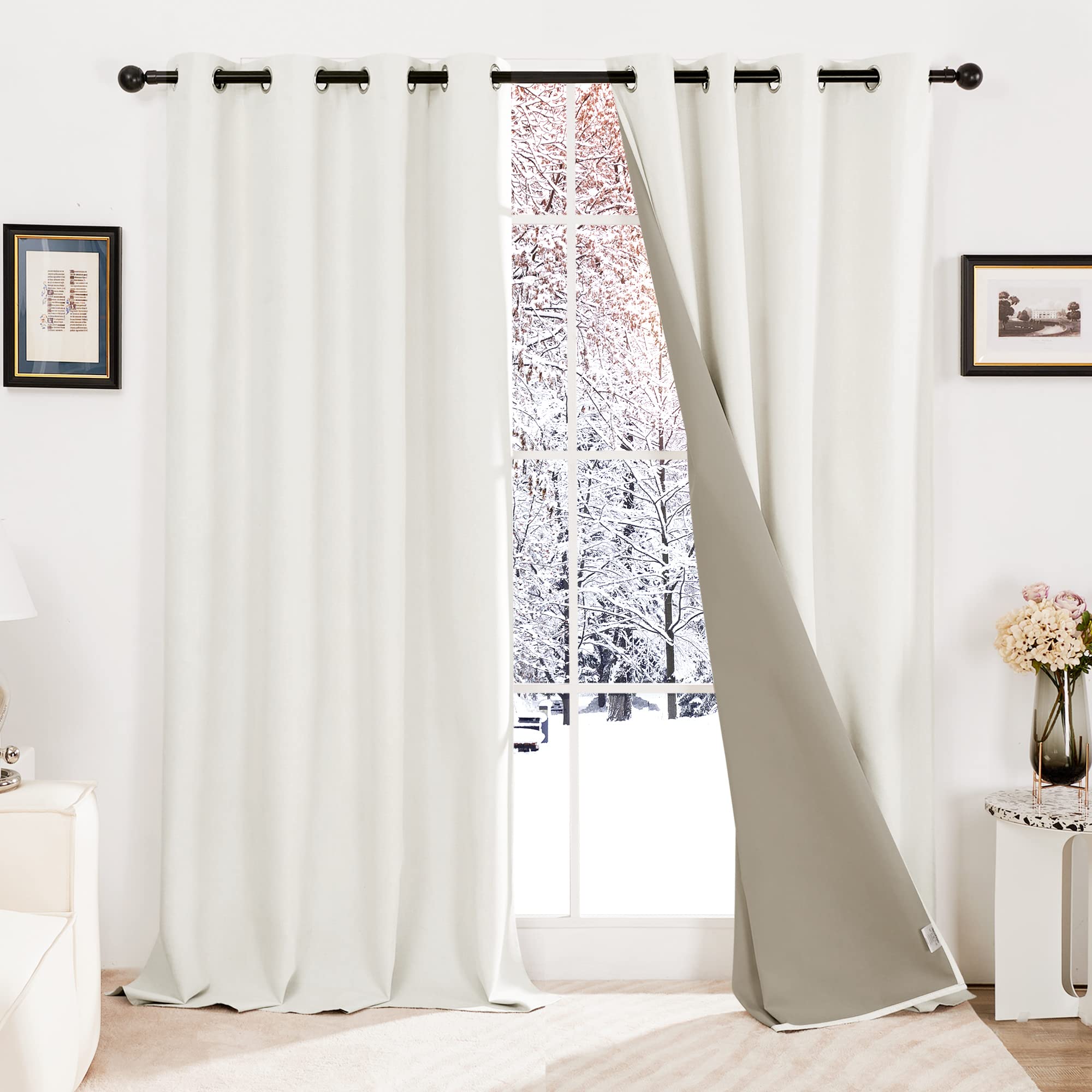 Deconovo Greyish White Faux Linen Eyelet Door Thermal Curtains 100% Blackout Energy Saving Curtains For Bedroom, W52 X L84 Inch One Pair