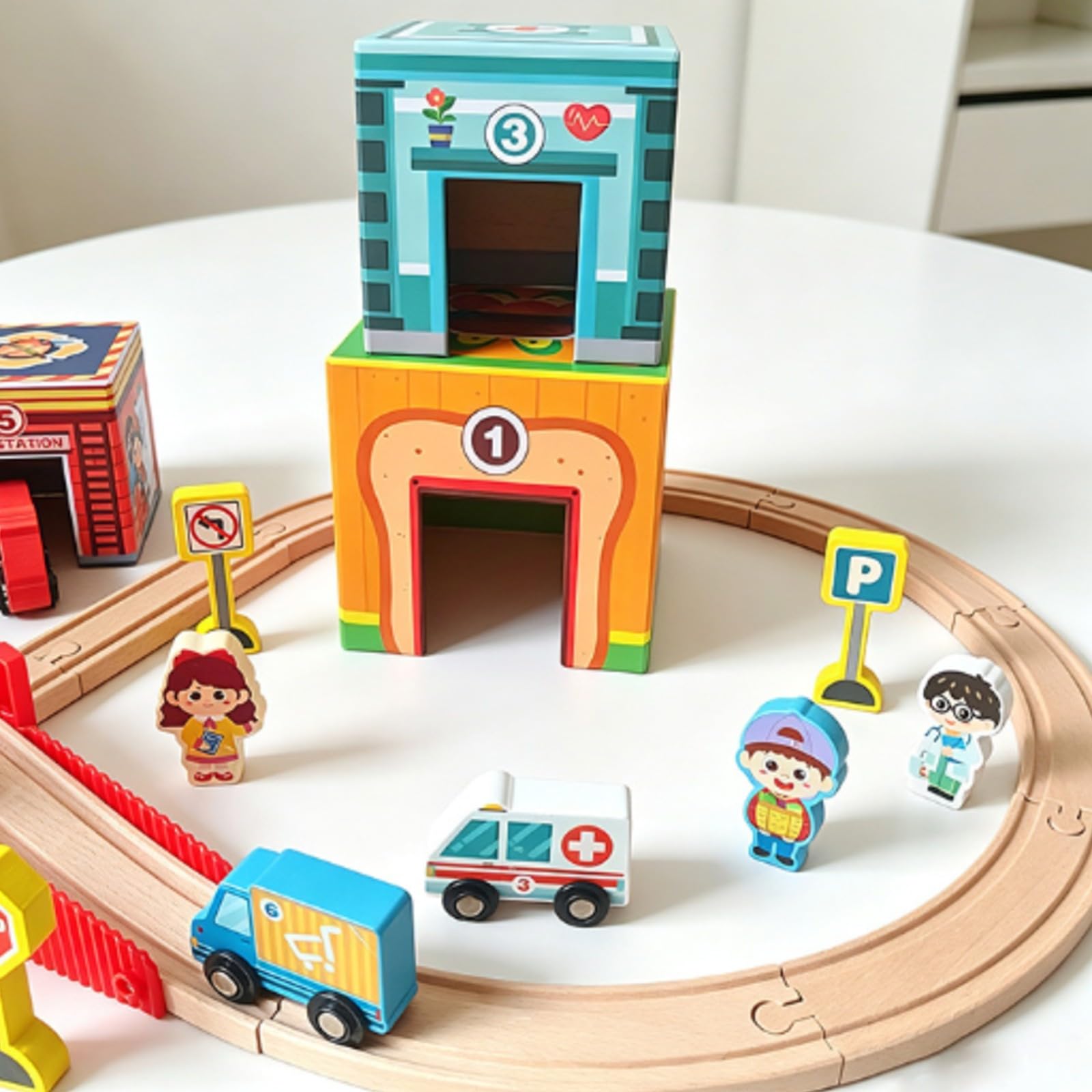 kowaku Set Juego Transporte para Apilar Colorido, Juguete Tráfico Apilable con Edificios Dibujados, sin Electricidad