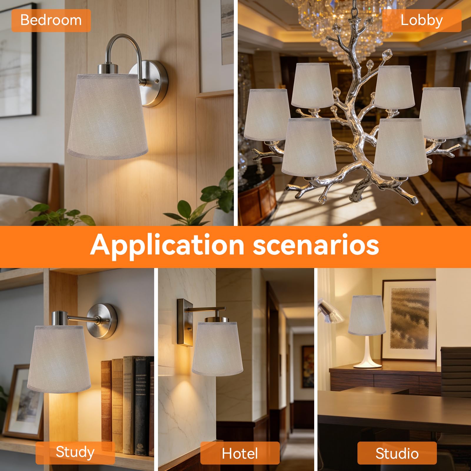 Paralume a Tamburo Grigio, Piccolo con Clip su Lampadina - Set di 6 in Tessuto a Barilotto - Classico Moderno per Lampadario, Lampada da Tavolo e da Parete