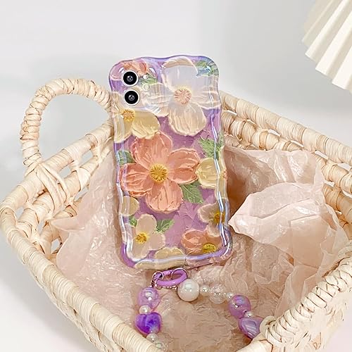 Miniatura 4 de NITITOP Funda compatible con iPhone 11, bonita funda de pulsera de flores de aceite moradas con bonita correa de muñeca con cordón de flores para