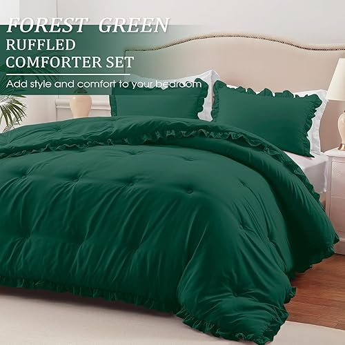 Miniatura 2 de HARBOREST Juego de edredón tamaño individual, color verde bosque, edredón con volantes para cama de tamaño individual, juego de edredón ligero para