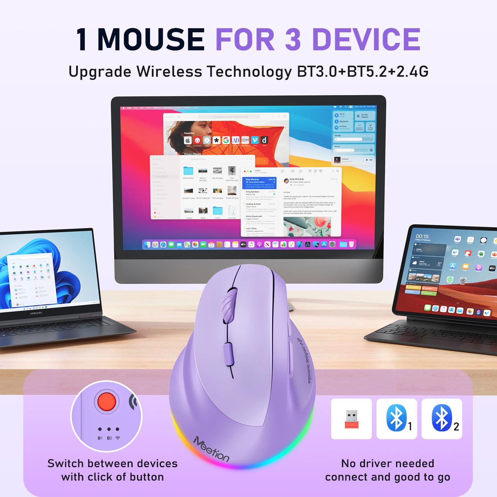 MEETION mouse vertical ergonómico inalámbrico para zurdos, recargable, morado | Dual Bluetooth 5.2/3.0 + USB, iluminación RGB, 4 DPI ajustables, compatible con Windows, Mac, PC, iPad y tabletas