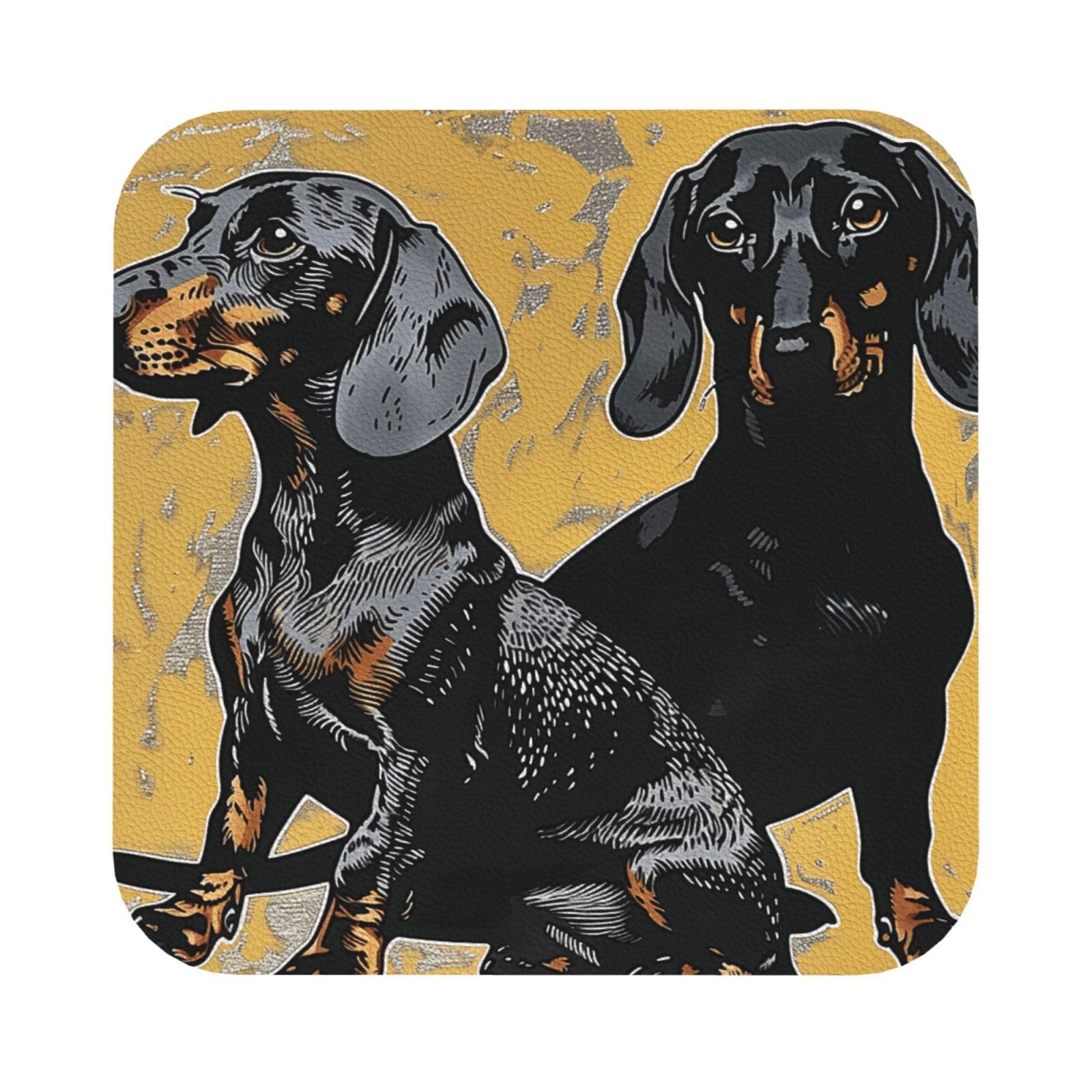 dachshund Print Leather Coaster Set of 6, Square Coasters Table Decorative Coffee Cup Beverage Coasters Wine Beer Bar Coasters for Hot Drinks Table Protection