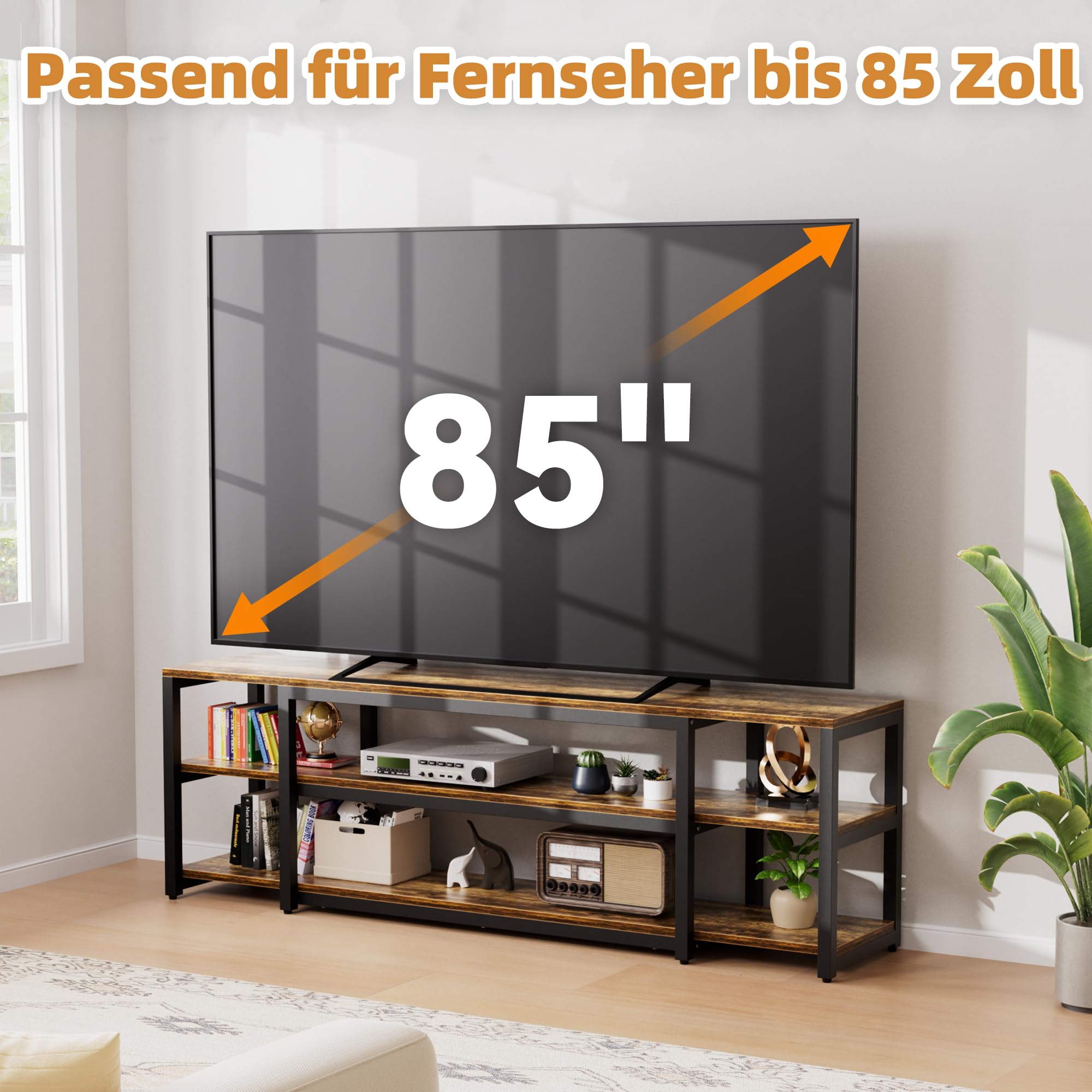 Aquzee Lowboard, 191 cm Lang TV Schrank, Großer Fernsehschrank für 60-85 Zoll TVs, Fernsehtisch TV Board, Holz und Metall, 3-stöckiger Stauraum Regal Cabinet für Wohnzimmer