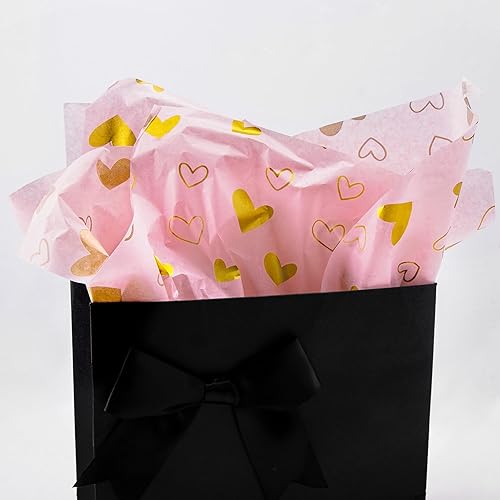 Miniatura 2 de MR FIVE 100 hojas de papel de seda rosa con corazón dorado a granel, 20 x 14 pulgadas, papel de seda con diseño de corazón dorado rosa para bolsas