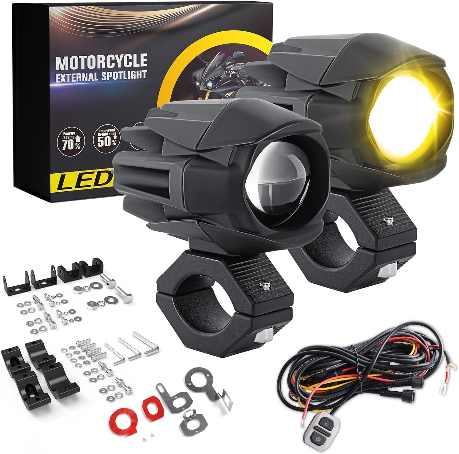 CO LIGHT Paquete de 2 faros antiniebla LED para motocicleta, 60 W, ámbar/amarillo, blanco, dos tonos, luces auxiliares de trabajo todoterreno con arnés de cableado, compatible con motocicleta, coche
