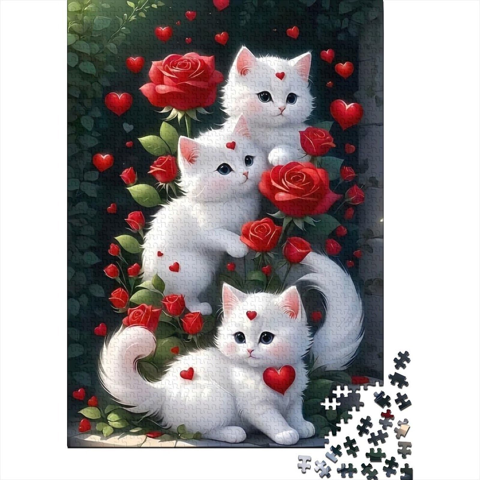 Cute White Kittens with Roses Jigsaw Puzzles Puzzle for Adults Kids. 1000 Piece Whimsical Challenge Toy Educational Games Home Decoration for Educational Games Gifts 38x26cm/1000pcs