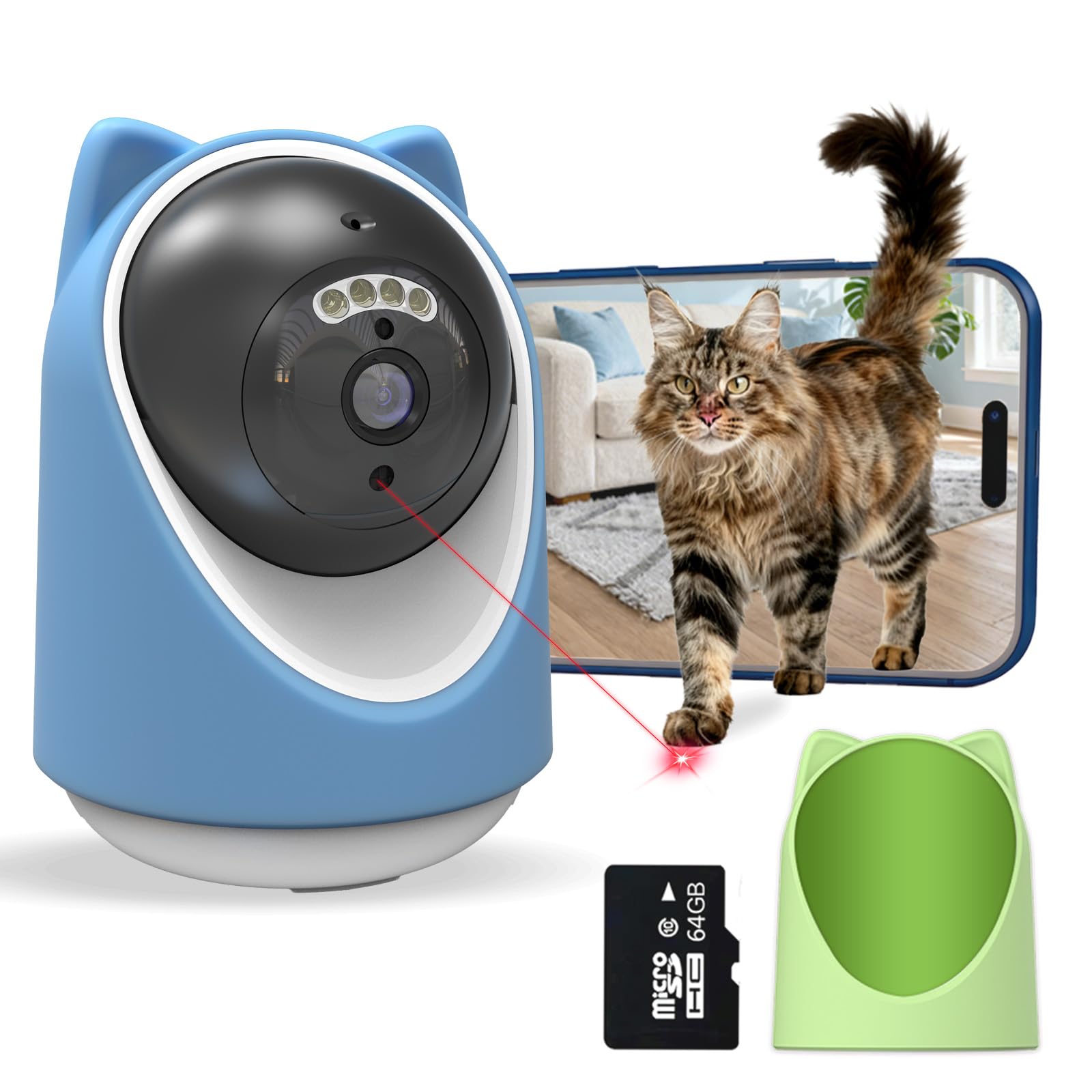 Pet Camera, 2K HD Indoor Dog and Cat Camera with Auto-Tracking & Laser Toy, Home Security Camera with Motion Detection, 2-Way Audio, Night Vision, No Subscription Required（64GB SD Card）