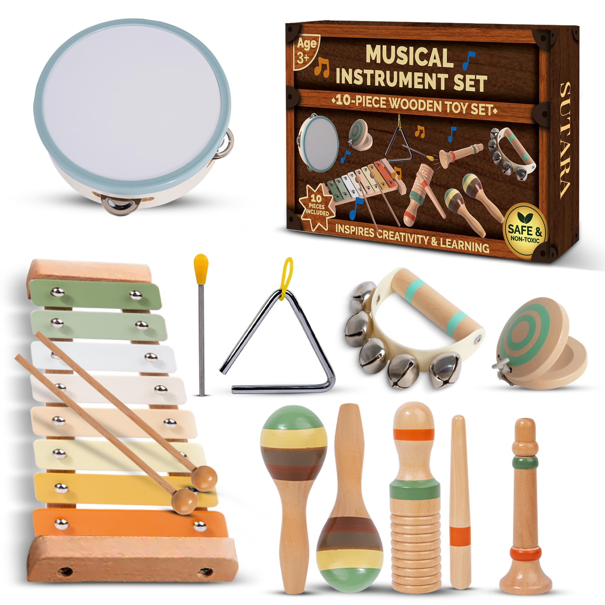 Sutara 10-Piece Wooden Musical Instruments for Kids - Montessori Toys Set with Xylophone for Kids, Baby Maracas, Kids Drum, and Tambourine - Natural Wooden Toys with Toy Chest Storage Box