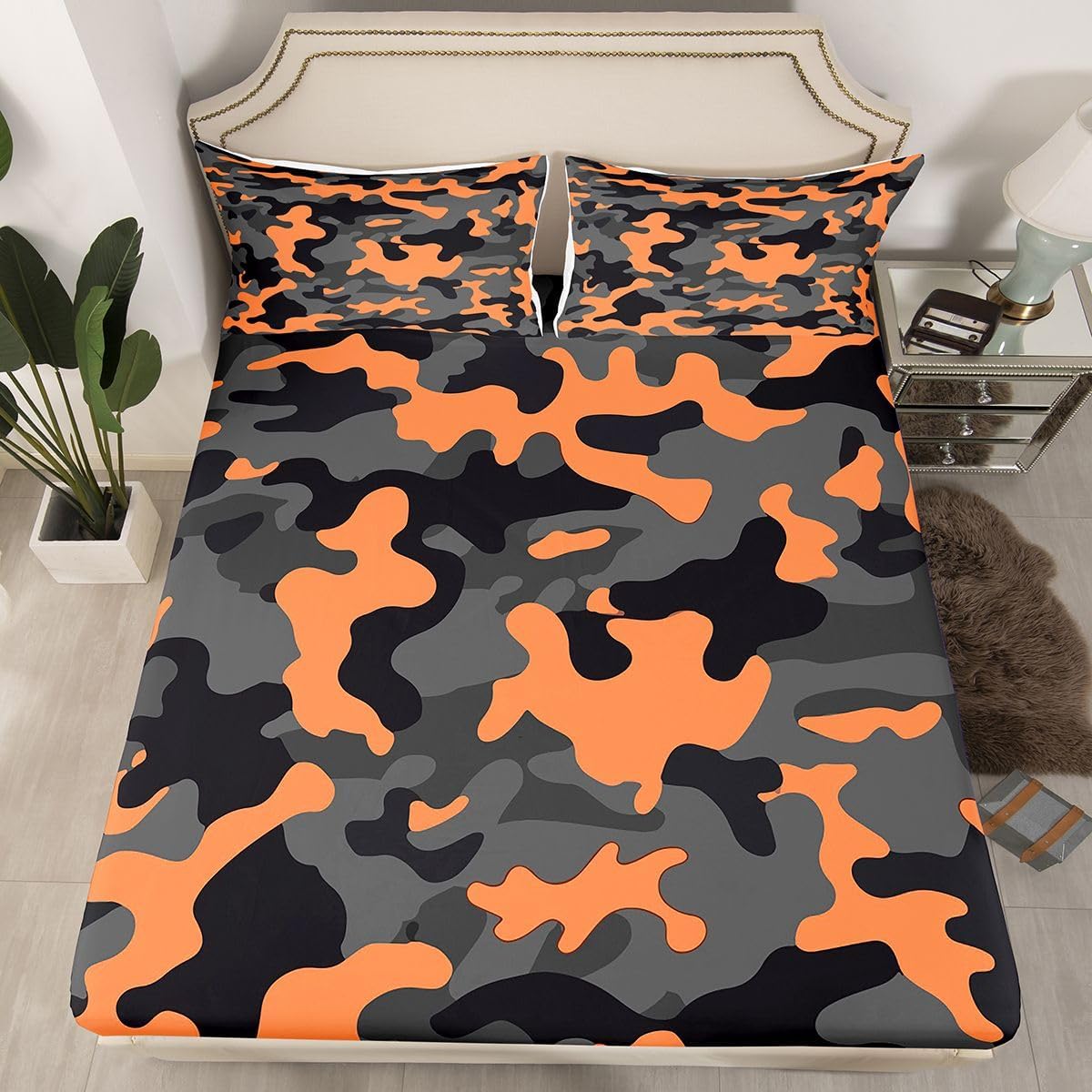 Feelyou Army Camouflage Bedding Sheets Teens Camo Bed Sheet Set for Kids Boys Girls Colorful Pattern Decor Bedding Fitted Sheet Orange Black Grey Bed Cover Bedroom Collection 3Pcs Queen Size