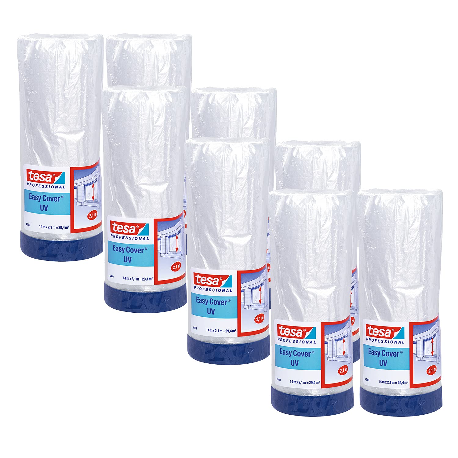 tesa Easy Cover 4369 UV - Lote de 8 láminas de pintor, con cinta de tela para enmascarar y cubrir uso en exteriores, cinta de carrocero 2 en 1 con película, color azul mate, 14 m x 2,1 m