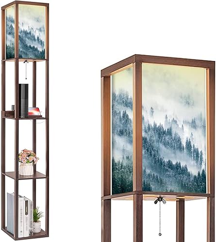 BVCAHSAW Lámpara de pie con estantes, montañas brumosas, lámpara alta moderna de pie, puertos USB y toma de corriente, lámpara de esquina para