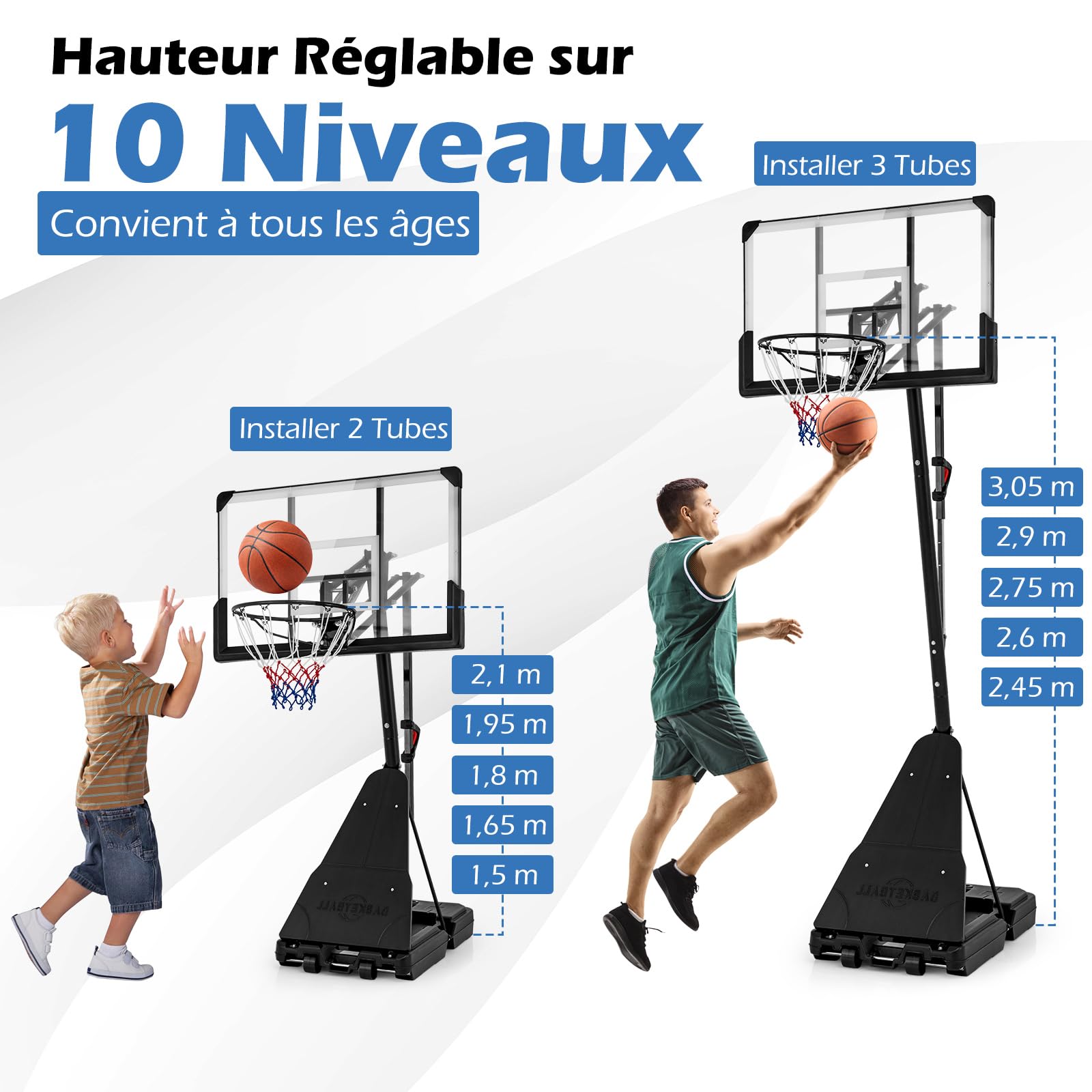 COSTWAY Panier de Basket sur Pied Extérieur Hauteur 1,5/2,45-3,05 m, But de Basket-Ball Adultes Portable avec Panneau Incassable Base Remplissable à roulettes pour Jardin Terrain