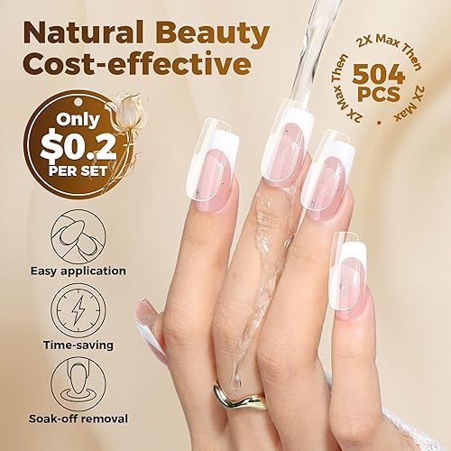 Miniatura 6 de UNA GELLA Uñas postizas cuadradas, 504 puntas de uñas de gel transparentes a presión, preforma para uñas cuadradas de cobertura completa, uñas