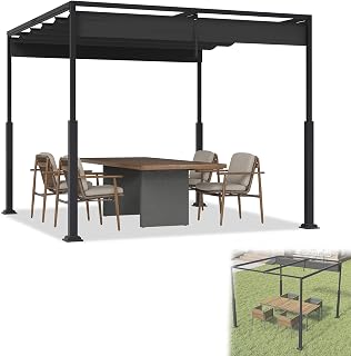 YRHome 3x3M Pergola mit Schiebedac Gartenpavillon aus Stahl & Polyester Wasserdicht & Winterfest Freistehendes Terrassendach mit robusten Metallsäulen Sonnenschutz für Terrasse & Garten Schwarz