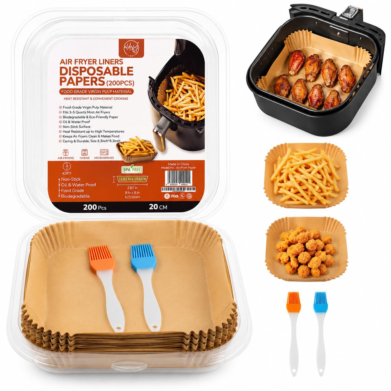 ALDEFY Rectangle Air Fryer Liners 200Pcs, Disposable Air Fryer Parchment Paper for Ninja Dual AF300UK AF400UK AF500UK, Cosori, Tower & Other Dual Zone Air Fryer Accessories - Non-Stick Oil-Proof