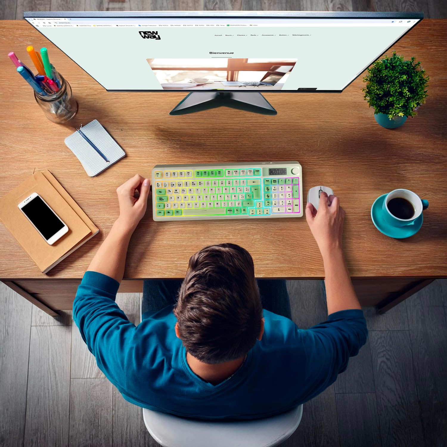 NEWWAY NK251 – Teclado inalámbrico Recargable Pantalla LCD Rueda Multifunción - QWERTY español – Triple Modo (WiFi 2.4 GHz, BT, USB-C) – RGB – Receptor USB Integrado en la Parte Trasera