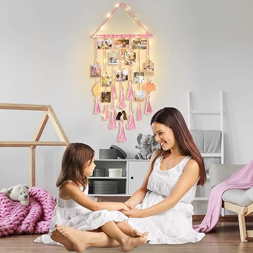 Miniatura 7 de Decoración de pared colgante de macramé rosa para colgar en la pared, decoración bohemia para habitación, marco de fotos collage con luz remota y 30