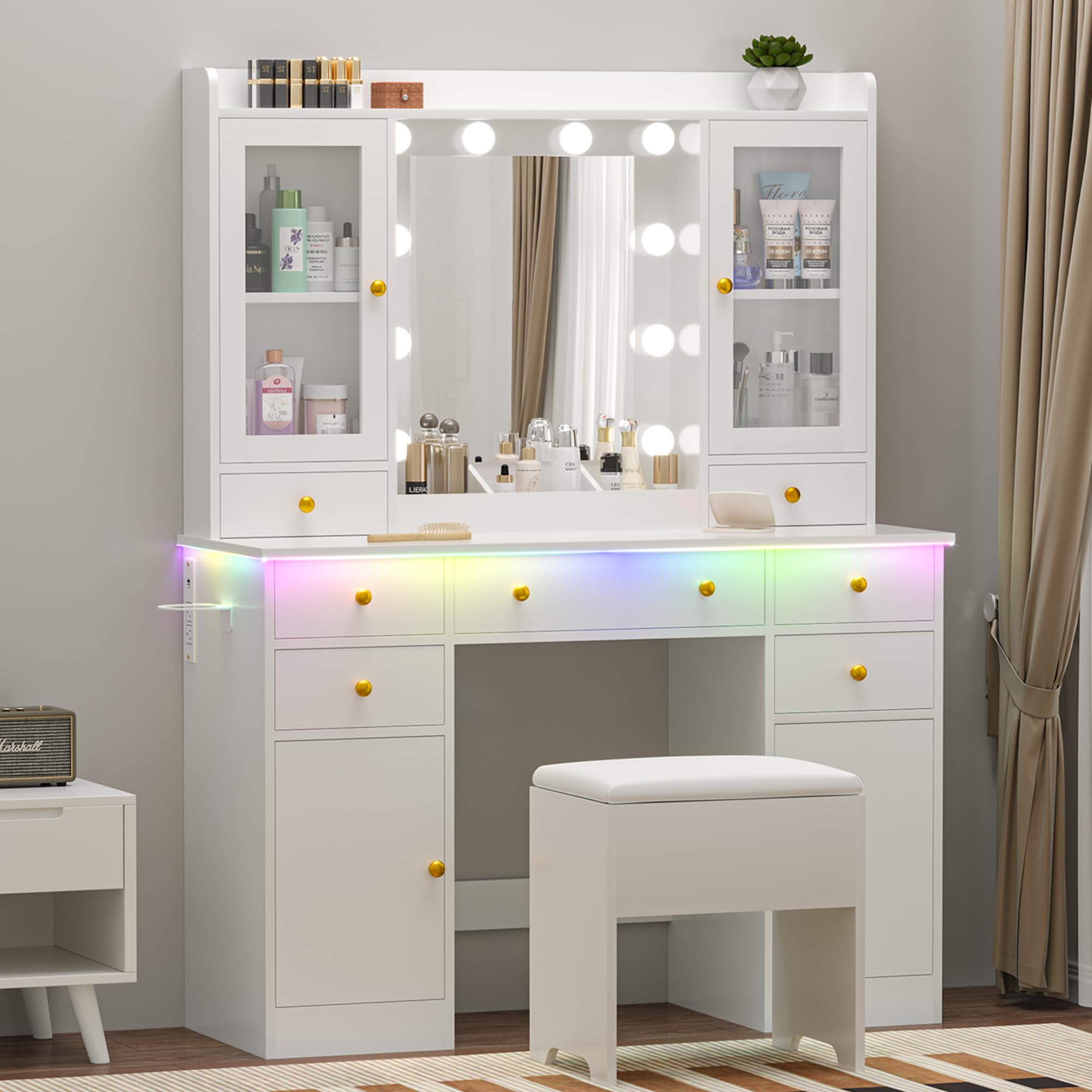 Vanity Desk with Mirror and Lights, 43" White Makeup Vanity Set with 5 Drawers & Glass Cabinets, Storage Stool, Power Outlet & Adjustable LED Lights, Dressing Table for Women & Girls Bedroom White 43"-5 Drawers