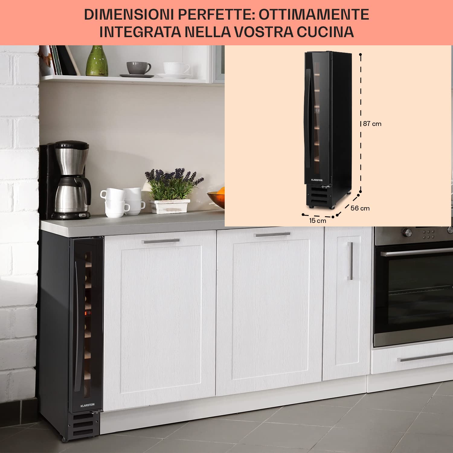 KLARSTEIN Cantinetta Vino Design da Incasso, Refrigerata a Zona Singola per Vino Rosso, Bianco e Birra, Controlli Touch, Frigo per Esterno/Interno, 20L, 7 Bottiglie