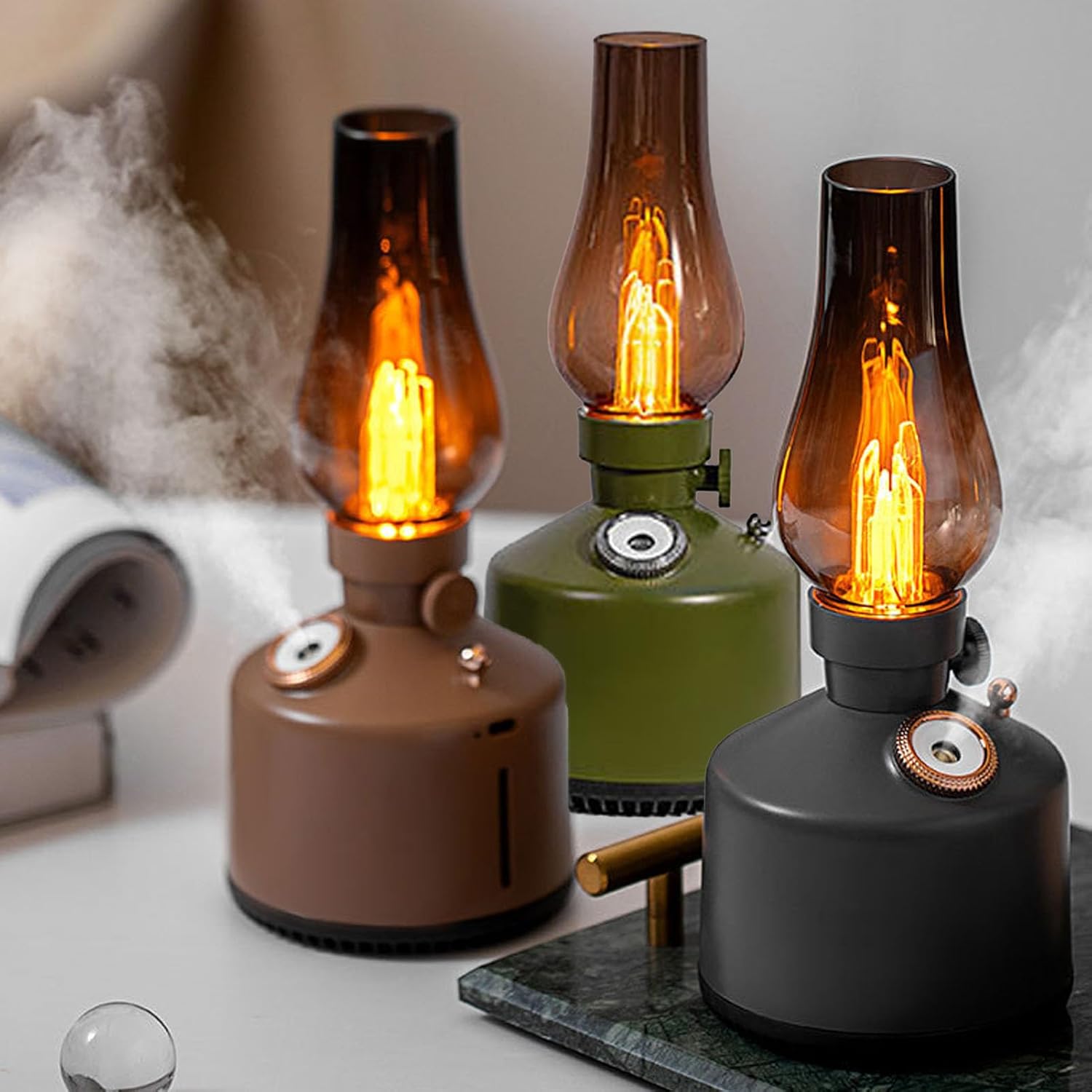 Cool Mist Humidifier, 260ml Capacity Kerosene Lamp Humidifier Vintage Desktop Humidifier with 2 Mist Settings for Home Office Bedroom Yoga, Multifunctional Design (Green)